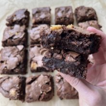 Stack of gluten-free Toffee Chocolate Chip Brownies