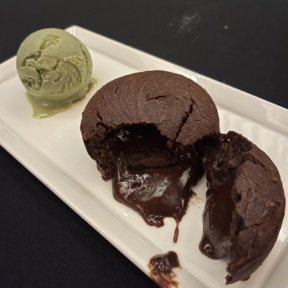 Gluten-free molten chocolate cake with matcha ice cream from Nobu
