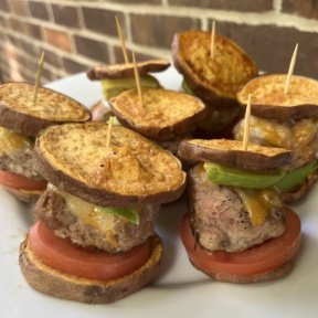 Gluten-free Sweet Potato Turkey Sliders with cheese, avocado, and tomato