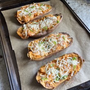 Twice Baked Sweet Potatoes with cheese and green onions