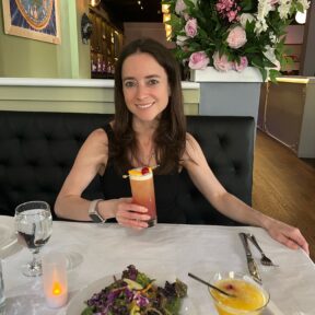 Jackie enjoying a cocktail and Nepalese food at Himalaya Sono