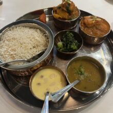 Gluten-free thali with chicken and veggie curry from Himalaya Sono