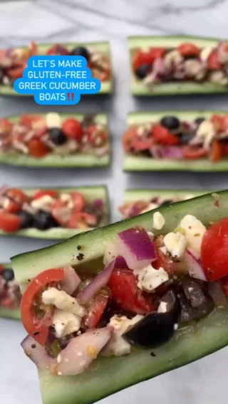 Now that it’s getting warm, a cool veggie appetizer is even more appetizing‼️ Enter #GlutenFree Greek cucumber boats🥒🍅😍 Now all I need is a real boat to enjoy them on😝 Stay cool everyone! Link in bio for recipe & at https://www.glutenfreefollowme.com/recipe/greek-cucumber-boats/ 💓 #glutenfreefollowme