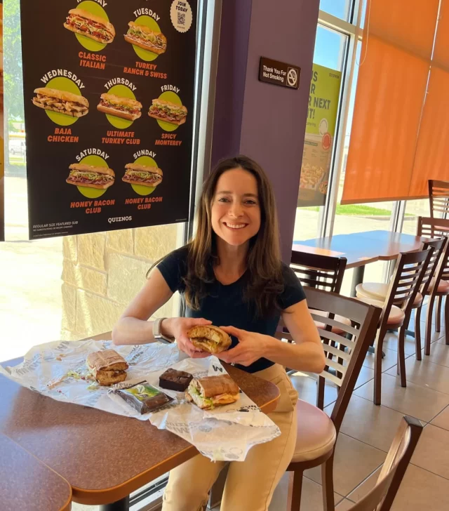 Which sub do YOU want first⁉️ Buffalo chicken club OR honey mustard chicken sub😍 @Quiznos now has @UdisGlutenFree bread for subs AND #GlutenFree brownies from @sweetstreetdesserts ‼️ So delicious, and it was great for me to personally see the precautions they take🙌🏼 GF bread & fudgy brownie come individually packaged, they tag the receipt with an Allergy alert, swap gloves & knives, and sanitize cutting board👏🏼 GF subs are prepared in the same space as gluten-containing subs thus unintended cross-contamination is possible. I was comfortable eating here due to precautions taken but like I always say, eating out in a non-100% GF spot is always up to your discretion🩵 The following subs are made with GF ingredients when you request GF bread: Chicken Subs, Chipotle, Turkey, Tuna Melt, Turkey Bacon Guacamole, Turkey Ranch & Swiss, Veggie Guac. Be sure to avoid the regular bread, steak, ham, meatballs, broccoli cheddar, and au jus🌯 #glutenfreefollowme #quiznospartner